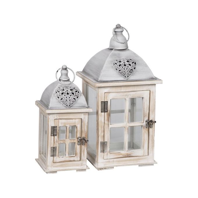 Set 2 Lanterne Laila con Struttura in Legno e Tetto in Metallo Bianco e Grigio