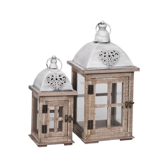 Set 2 Lanterne Laila con Struttura in Legno e Tetto in Metallo Taupe e Grigio