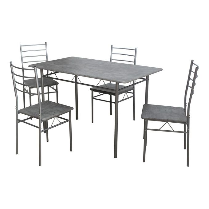 Set Tavolo e 4 Sedie Lisbona con Piano in Mdf Cemento e Gambe in Metallo Silver 120x70cm-H75cm