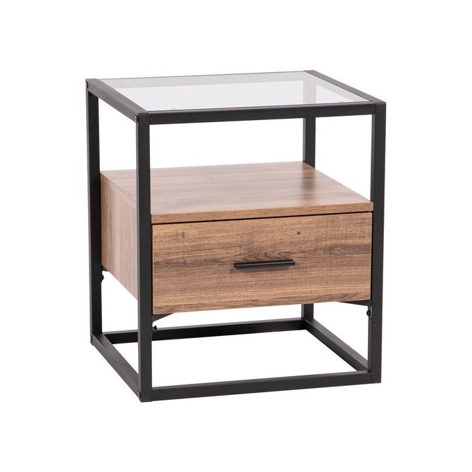 Comodino Jaipur con 1 Cassetto in Legno Truciolato e Vetro Temperato 44x40cm-H60cm Marrone-Nero