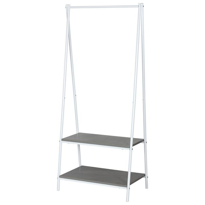 Appendiabiti con 2 Ripiani in Legno Truciolato e Metallo 60x40cm-H150cm Color Cemento-Bianco