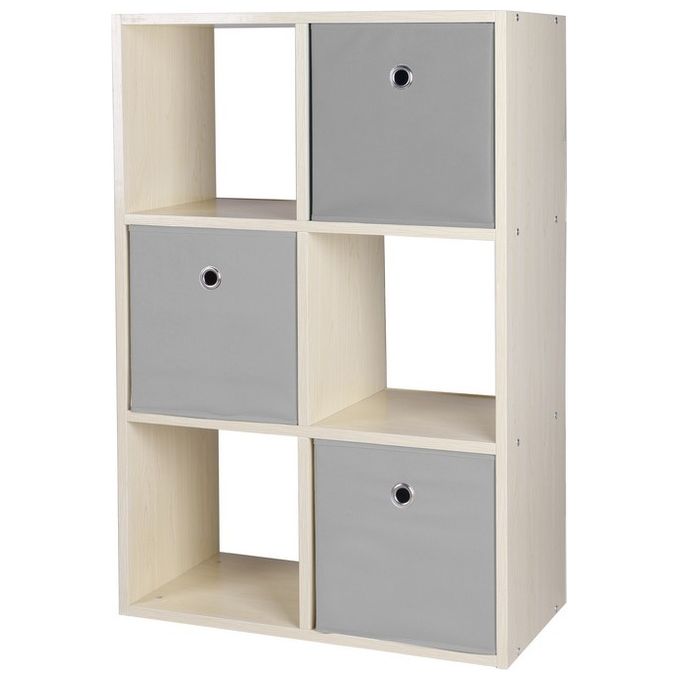 Mobiletto Melphy con 3 Vani a Giorno e 3 Cassetti con Struttura in Mdf e Cassetti in Tnt 59,6x29cm-H88,8cm Naturale-Grigio