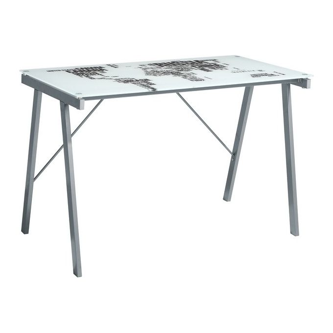Tavolo Porta PC World con Piano in Vetro Temperato Bianco-Nero e Gambe in Metallo Silver 113x58cm-H73cm
