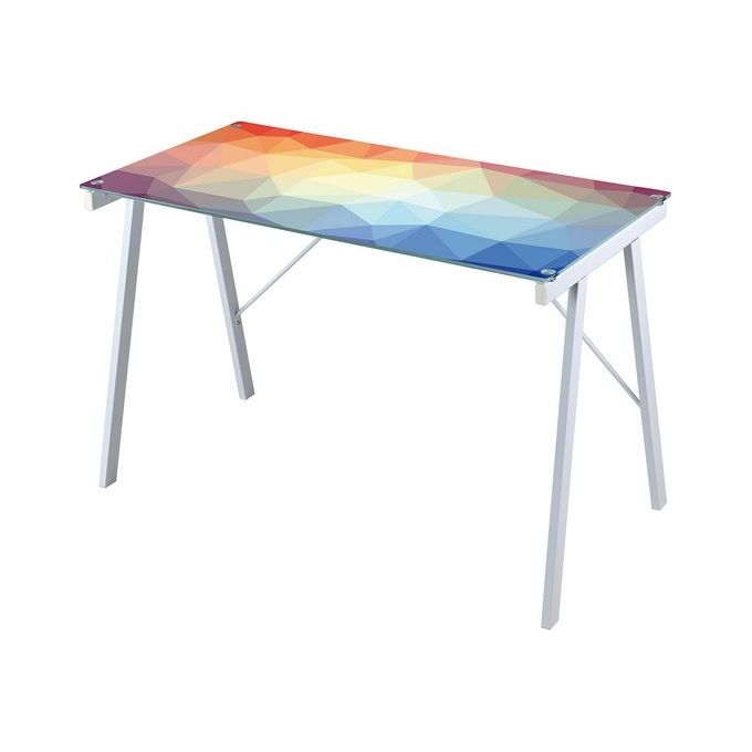 Tavolo Porta PC Happy con Piano in Vetro Temperato Multicolor e Gambe in Metallo Bianco 113x58cm-H73cm