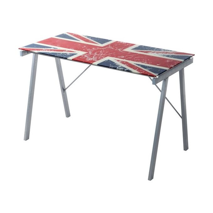 Tavolo Porta Pc England con Piano in Vetro Temperato Blu-Rosso e Gambe in Metallo Silver 113x58cm-H73cm