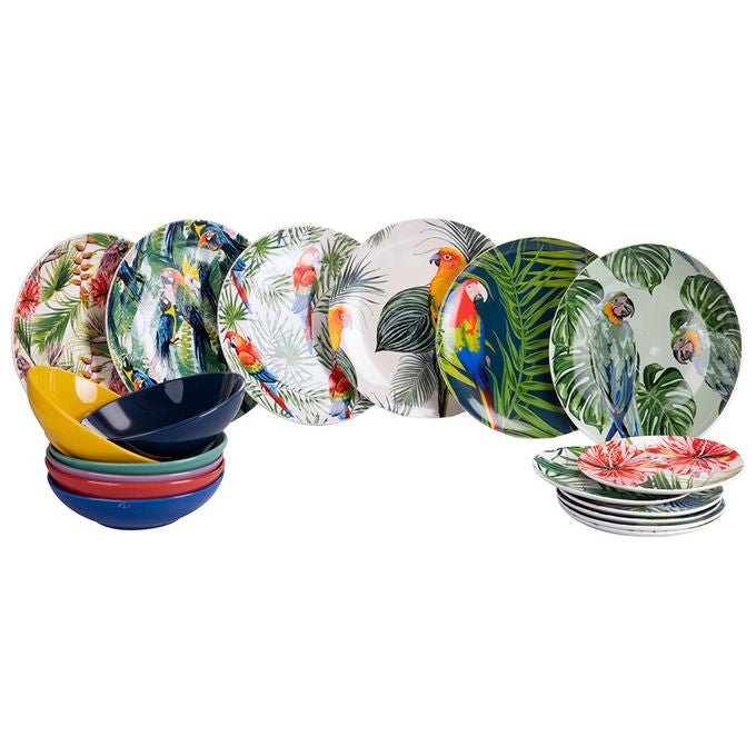 VDE TIVOLI 1996 Parrot Jungle Servizio Tavola 18 Pezzi In Porcellana, 6 Posti Tavola Diversi