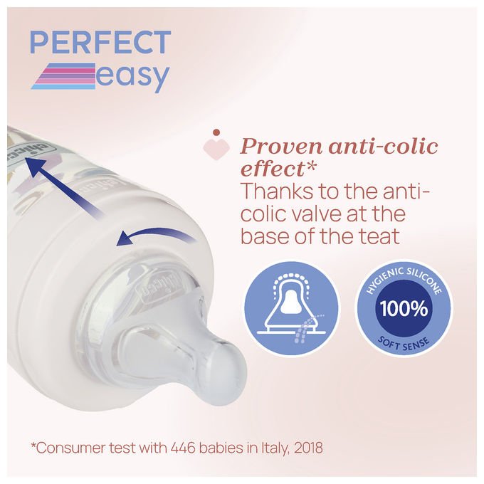 Chicco Perfect Glass Biberon in Vetro Borosilicato Tettarella Physio Silicone Anticolica Flusso Lento 240 ml