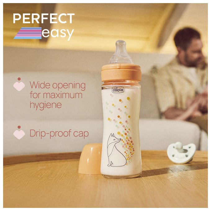 Chicco Perfect Glass Biberon in Vetro Borosilicato Tettarella Physio Silicone Anticolica Flusso Lento 240 ml