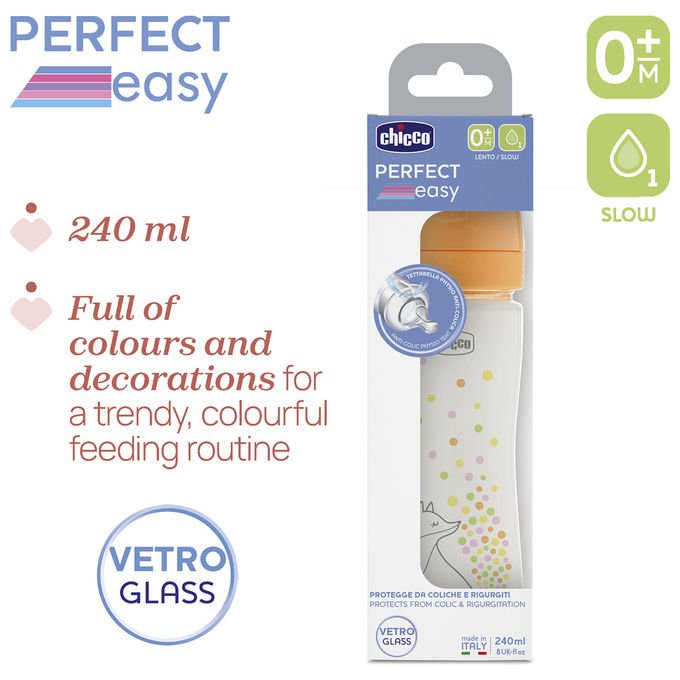 Chicco Perfect Glass Biberon in Vetro Borosilicato Tettarella Physio Silicone Anticolica Flusso Lento 240 ml