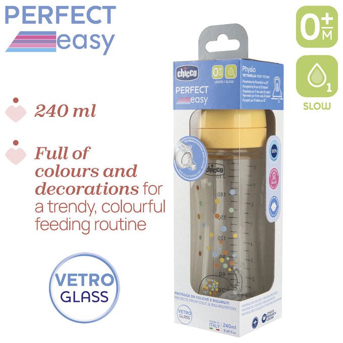 Chicco Perfect Glass Biberon in Vetro Borosilicato Tettarella Physio Silicone Anticolica Flusso Lento 240 ml
