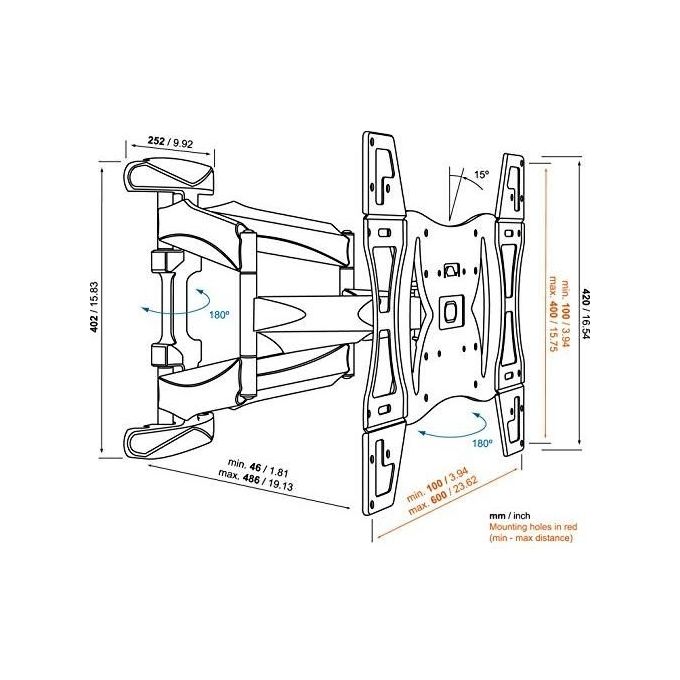 Vogels Base 45 L supporto da Parete Serie BASE per Tv a Schermo Piatto da 40'' a 65'' con Rotazione Fino a 180 Gradi ed Inclinazione Nero