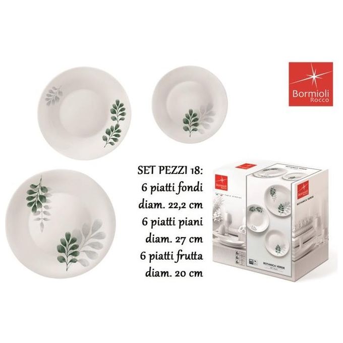 Bormioli Servizio di piatti per 6 persone 18 Pezzi Bianco Moon Botanica verde
