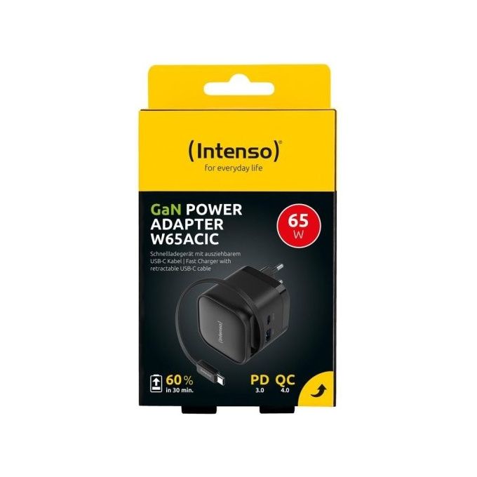 Intenso 7806520 Power Adapter W65ACIC Caricatore USB-C GaN 65 W con cavo estraibile USB-C e USB-A PD PPS QC 4.0 colore Nero