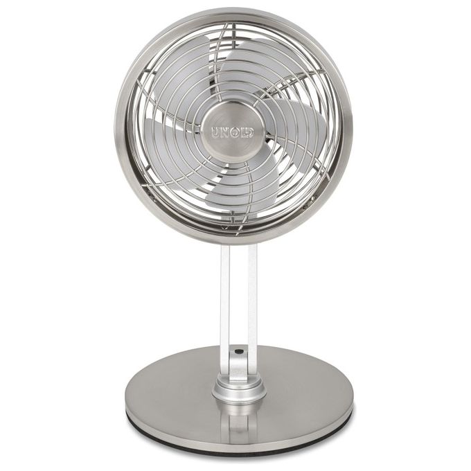 Unold 86705 Steel Flex Ventilatore da Tavolo 3 Velocita' 14 cm 4 W Batteria al Litio 2200 mAh USB-C 360° colore Cromato spazzolato