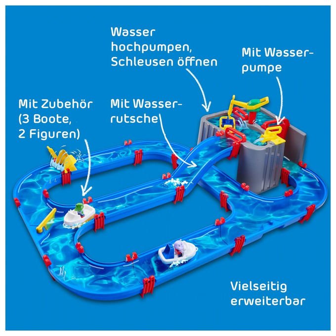 Aquaplay 8700001543 Harbour Set di giochi d'acqua con 3 barche 2 personaggi pompa d'acqua sistema di chiuse 63 pezzi colore Blu Grigio