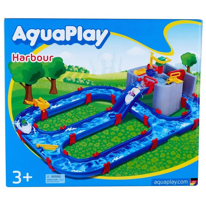 Aquaplay 8700001543 Harbour Set di giochi d'acqua con 3 barche 2 personaggi pompa d'acqua sistema di chiuse 63 pezzi colore Blu Grigio