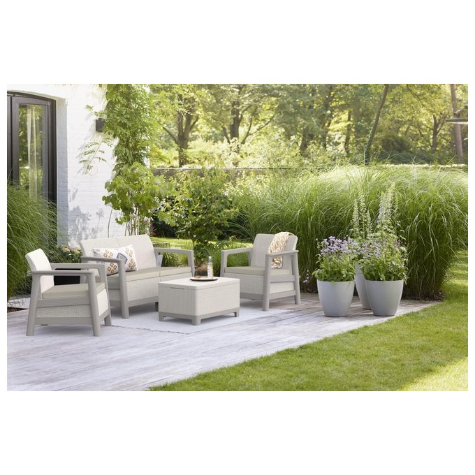 Keter Scandi Linea Lounge Set con cuscini - Poltrone con braccioli aperti 73x70,9x77,5h Divano 73x126x77,5h Tavolino contenitore 75x52x40h - effetto Jute - Light Beige