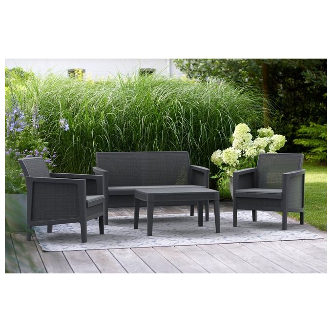 Keter Atlas Forma Lounge Set con cuscini - Poltrone 67,6x67x74,3h Divano 67,6x125x74,3h Tavolino aperto 74,4x56,4x40h - effetto Jute - Black