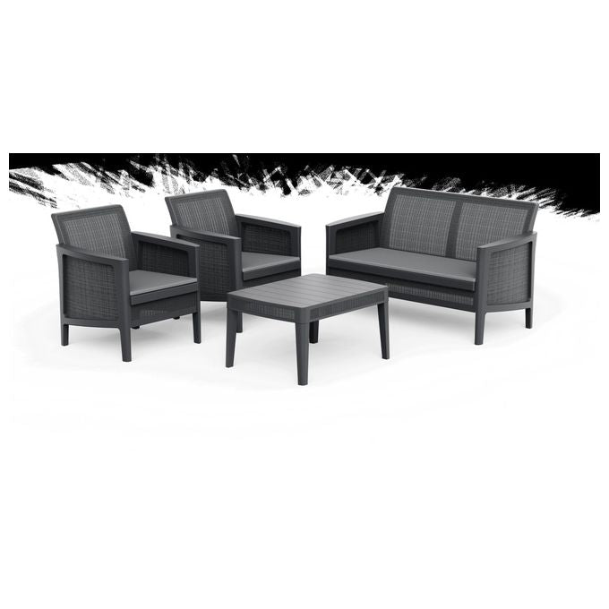 Keter Atlas Forma Lounge Set con cuscini - Poltrone 67,6x67x74,3h Divano 67,6x125x74,3h Tavolino aperto 74,4x56,4x40h - effetto Jute - Black
