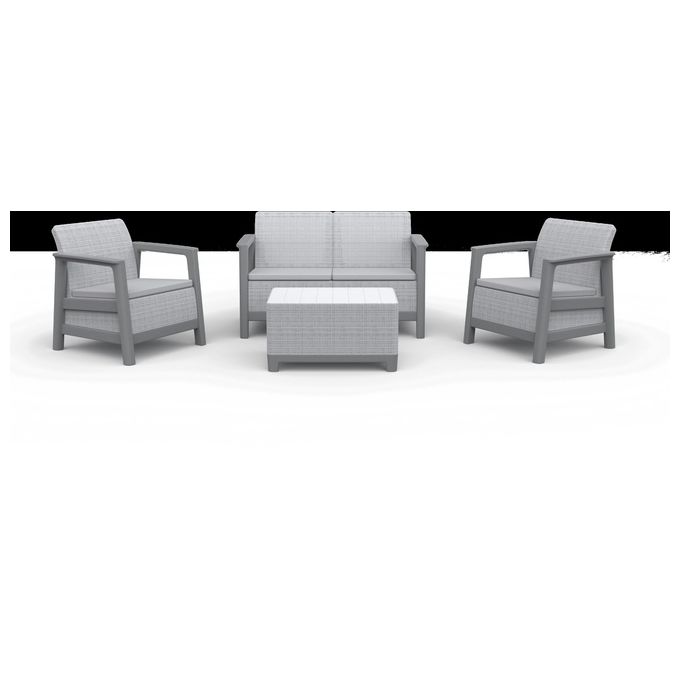 Keter 264037 Scandi Linea Lounge Set Salottino da Esterno 4 posti 2 Poltrone Divano Tavolino Contenitore Cuscini Inclusi colore Grigio