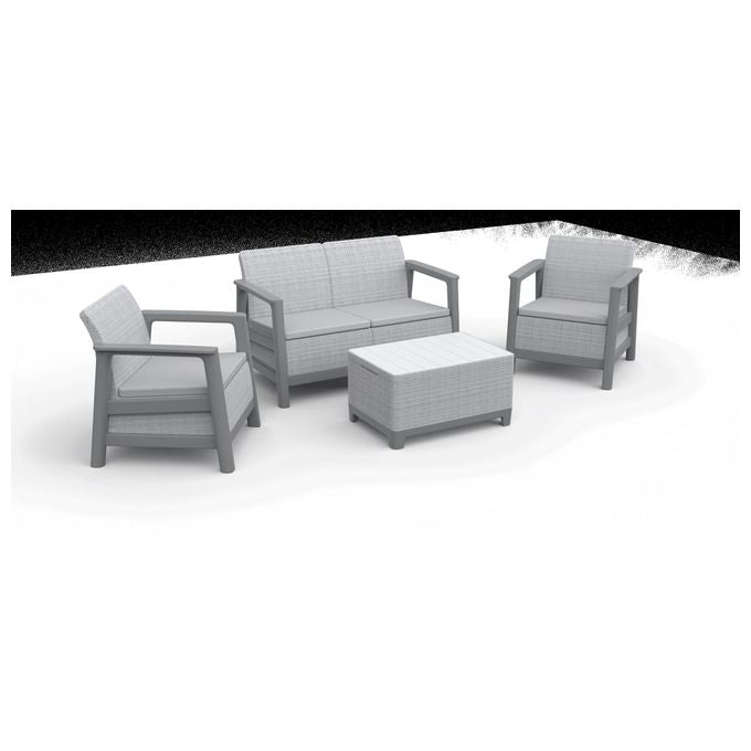 Keter 264037 Scandi Linea Lounge Set Salottino da Esterno 4 posti 2 Poltrone Divano Tavolino Contenitore Cuscini Inclusi colore Grigio