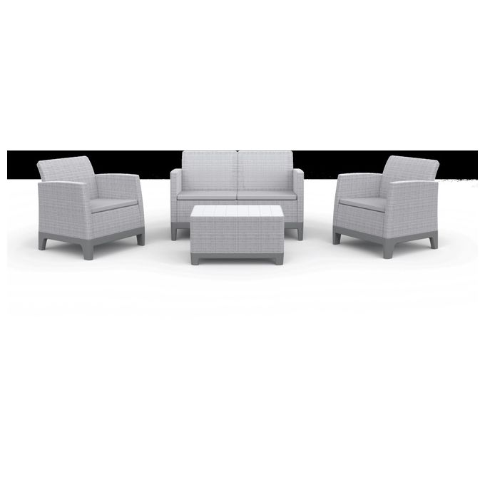 Keter Scandi Forma Lounge Set con cuscini - Poltrone con braccioli chiusi 68x67,2x77,5h Divano 73x126x77,5h Tavolino contenitore 75x52x40h - effetto Jute - Light Grey