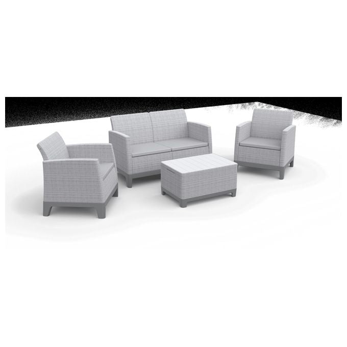 Keter Scandi Forma Lounge Set con cuscini - Poltrone con braccioli chiusi 68x67,2x77,5h Divano 73x126x77,5h Tavolino contenitore 75x52x40h - effetto Jute - Light Grey