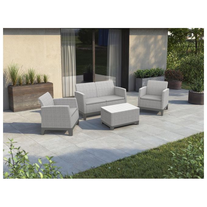 Keter Scandi Forma Lounge Set con cuscini - Poltrone con braccioli chiusi 68x67,2x77,5h Divano 73x126x77,5h Tavolino contenitore 75x52x40h - effetto Jute - Light Grey
