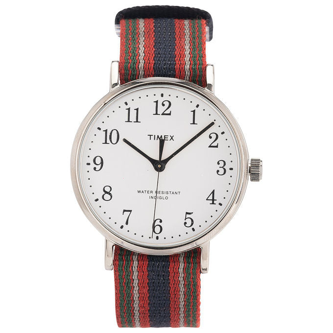 Timex Orologio al Quarzo FAIRFIELD VILLAGE 37 MM Ottone Argento Quadrante Bianco Cinturino Reversibile Rosso-Blu-Bianco Blu-Verde Indiglo