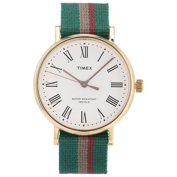 Timex Orologio Analogico FAIRFIELD AVENUE Quadrante Ottone 37 MM Case Oro Cinturino Tessuto Reversibile Verde-Beige-Rosso