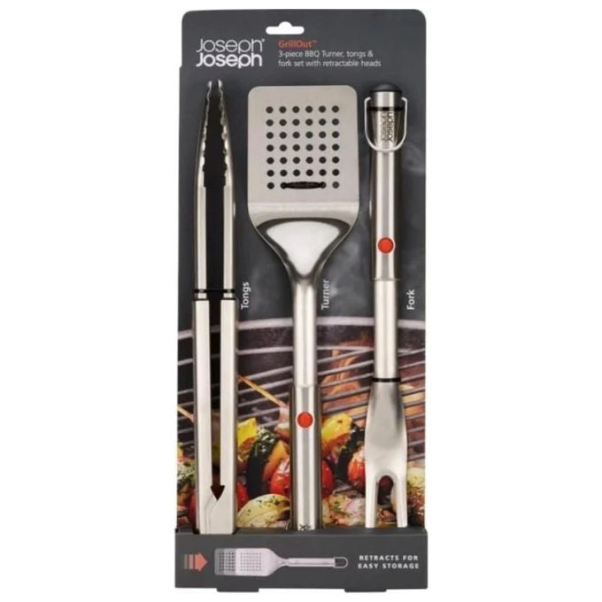 Joseph Joseph 2000004 GrillOut Set 3 Pezzi per Barbecue in Acciaio Inossidabile con Testa Retrattile e Ganci per Appendere colore Nero