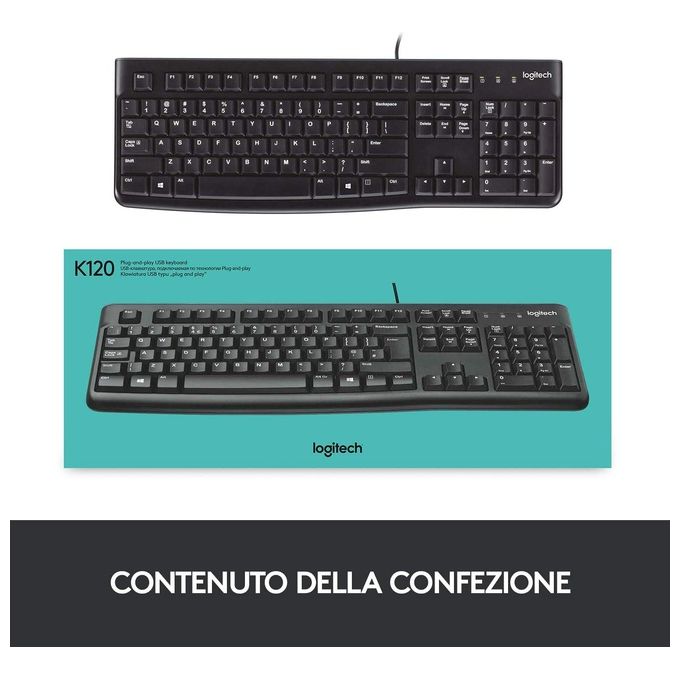 Logitech K120 Tastiera USB Cablata Full-size QWERTY Italiano Nero per Windows-Linux