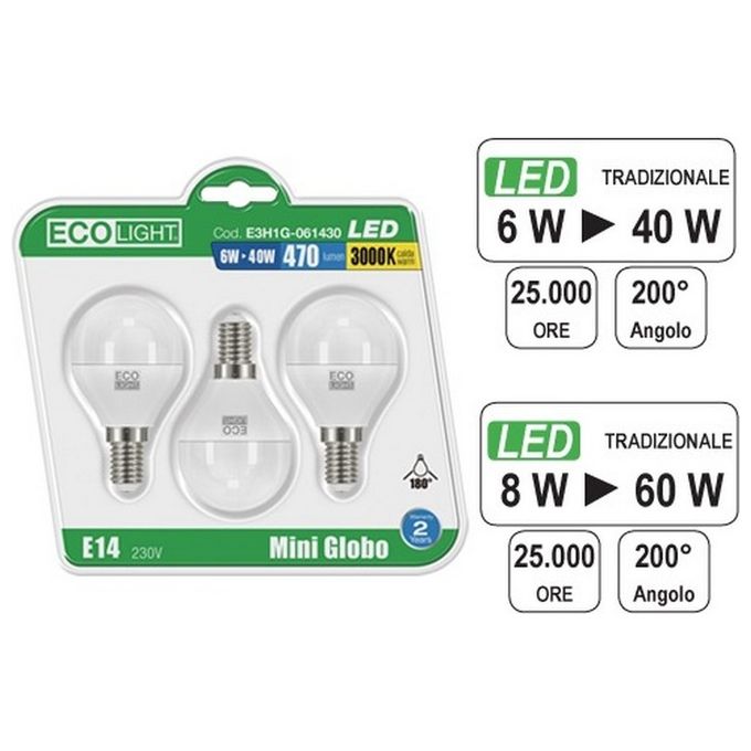 Globo Lampadina Ecolight Led E14M-GL8W C. Confezione 3 Pezzi
