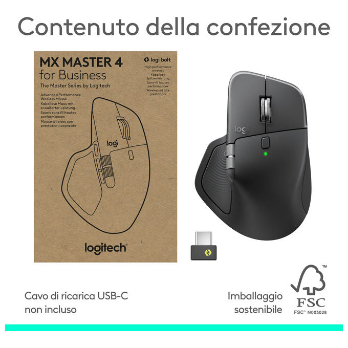 Logitech 910-007617 MX Master 4 for Business Mouse Wireless 8000 DPI con Scrolling MagSpeed e Clic Silenziosi colore Grafite