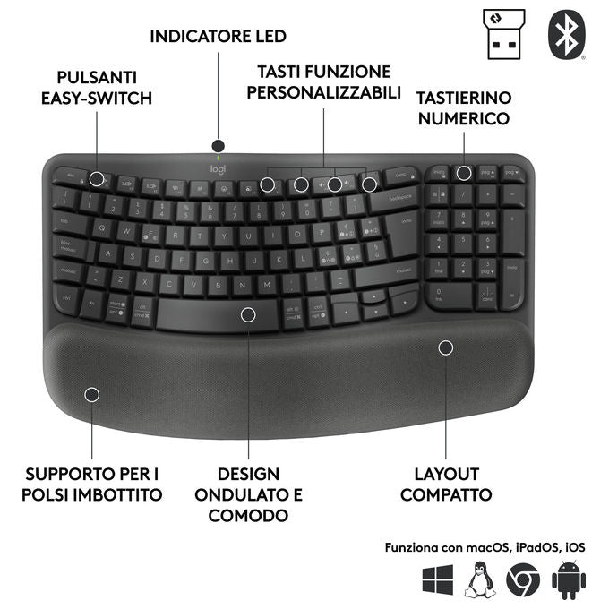 Logitech 920-012330 Wave Keys for Business Tastiera Wireless Ergonomica Supporto Polsi colore Grafite