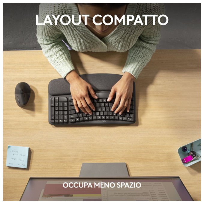 Logitech 920-012330 Wave Keys for Business Tastiera Wireless Ergonomica Supporto Polsi colore Grafite