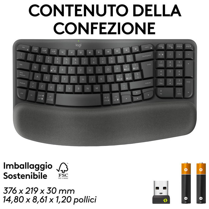 Logitech 920-012330 Wave Keys for Business Tastiera Wireless Ergonomica Supporto Polsi colore Grafite
