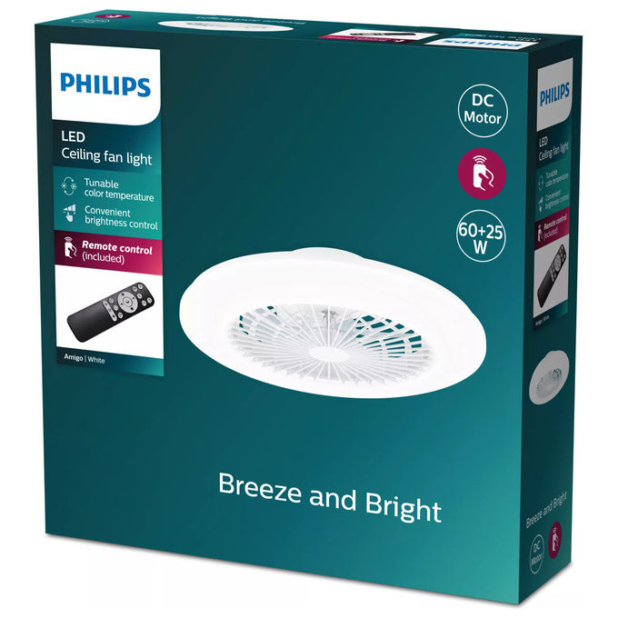 Philips 929003338101 Amigo Plafoniera con Ventilatore da Soffitto LED 25W 60W 6500 lm Telecomando 6 Velocita' colore Bianco