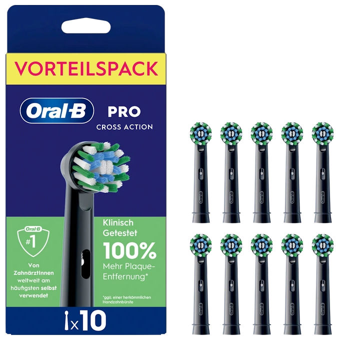 Oral-B PRO-CROSSACTION-AUFST-BURSTEN Pro CrossAction Aufsteckbürsten 10 Stück Entfernt bis zu 100% mehr Plaque 16 Grad Büristelwinkel Indikator-Bürsten Passend für alle wiederaufladbaren Oral-B Zahnbürsten außer Pulsonic und iO Farbe Schwarz