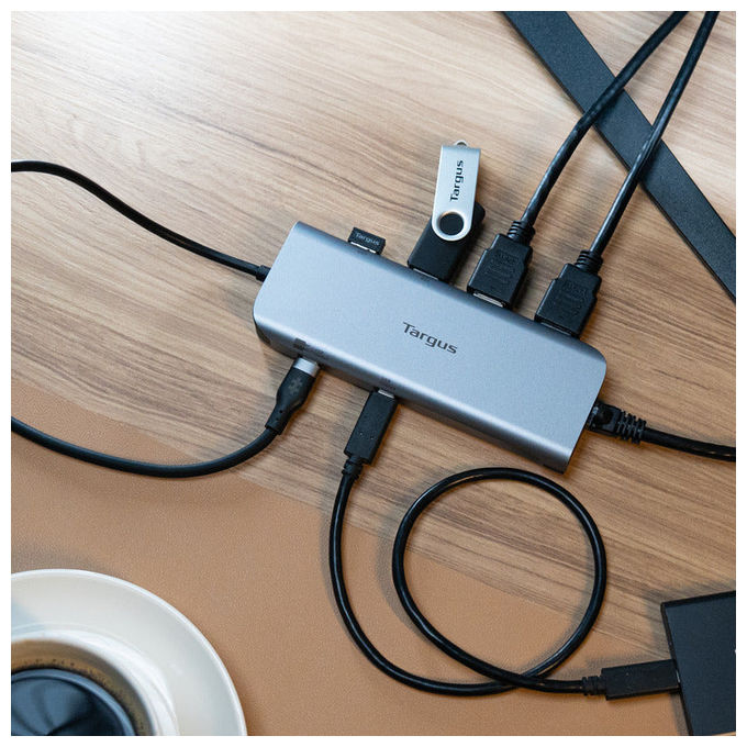 Targus DOCK427GL Docking Station USB-C Dual HDMI 4K 140W 10 Gbit-s 2x USB 3.2 Gen 2 Type-C 2x Type-A 1Gbps Ethernet colore Grigio