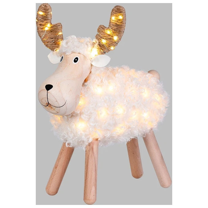 Lotti XD130_1 Pecorenna Luminosa in Legno e Pelo Soffice con 8 Effetti Luce LED Dimensioni 29 x 45 H cm colore Bianco