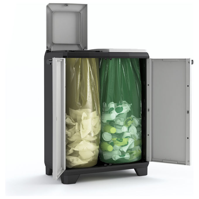 Keter 9735000 Split Premium Armadio per Raccolta Differenziata 2 Vani Piedini Regolabili Chiusura a Lucchetto 68x39x92 cm colore Grigio