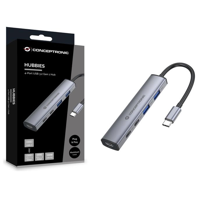 Conceptronic HUBBIES22G Hub USB 3.2 Gen 1 5 Gbps 2 Porte USB-C 2 Porte USB-A Alimentazione USB-C PD 100W colore Grigio