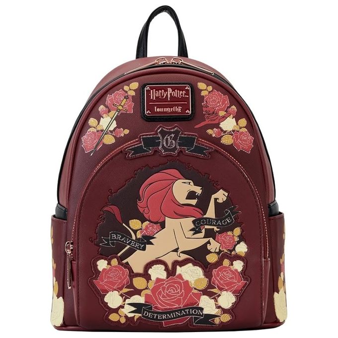 Loungefly LF-HPBK0258 Mini Zaino Harry Potter Grifondoro House Tattoo con Dettagli in Lamina Oro Rosa e Tasche Laterali colore Rosso