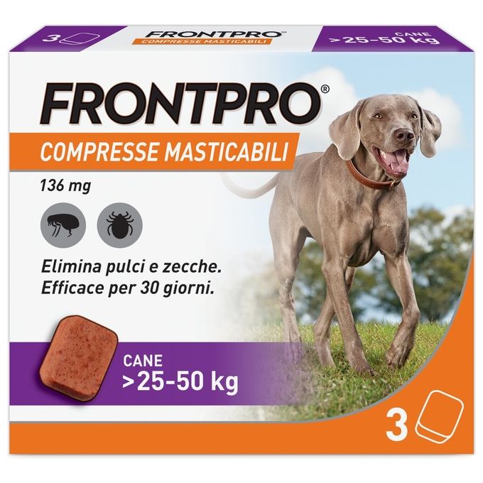FRONTPRO 105682114 FRONTPRO Compresse Masticabili Antiparassitarie per Cani da 25 a 50 kg 3 compresse da 136 mg di Afoxolaner colore Nero