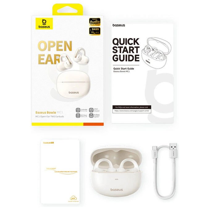 Baseus A00083501226-00 Bowie MC1 Auricolari Open-Ear Wireless Bluetooth 5.4 con Controllo Touch e Ricarica Rapida 40 Ore di Autonomia con Custodia colore Bianco