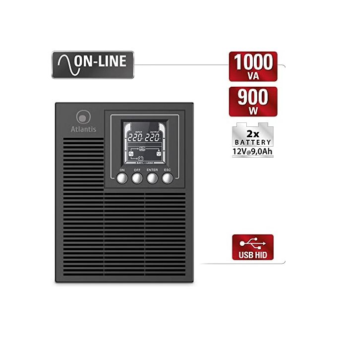 Atlantis A03-OP1002 UPS OnLine Gruppo di Continuita' Server Doppia conversione Onda Sinusoidale Pura 1000VA 900W, Tower, display LCD, USB, seriale RS-232, 4 uscite IEC, porta EPO, slot SNMP, 2x12V-9Ah