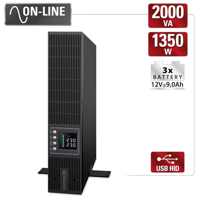 Atlantis A03-OP2002-RC UPS OnLine Gruppo di Continuita' Doppia conversione Onda Sinusoidale Pura 2000VA 1350W, Server Convertibile, display LCD, USB, seriale RS-232, 8 uscite IEC, slot SNMP 3x12V-9Ah