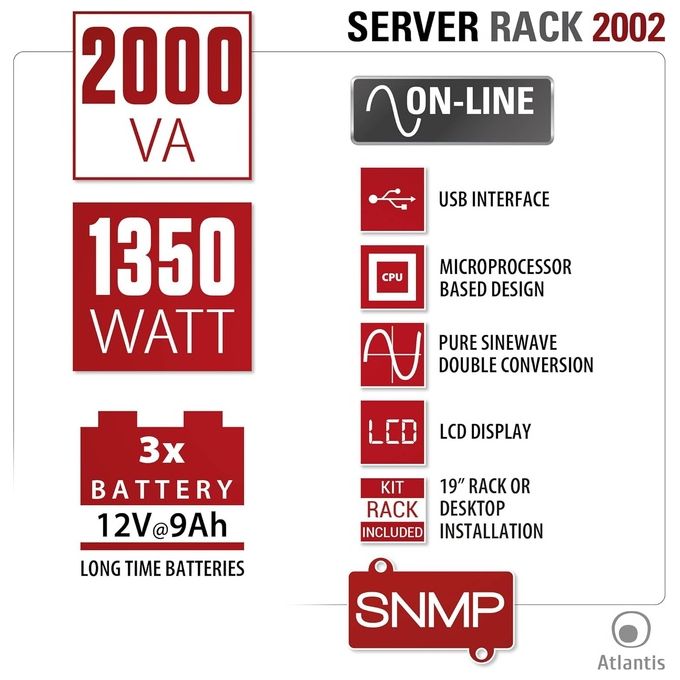 Atlantis A03-OP2002-RC UPS OnLine Gruppo di Continuita' Doppia conversione Onda Sinusoidale Pura 2000VA 1350W, Server Convertibile, display LCD, USB, seriale RS-232, 8 uscite IEC, slot SNMP 3x12V-9Ah