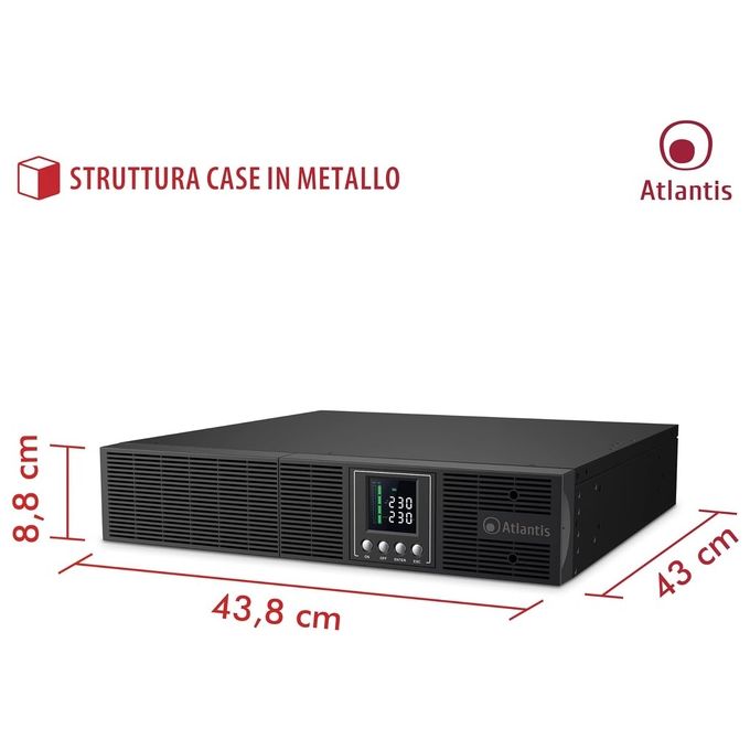 Atlantis A03-OP2002-RC UPS OnLine Gruppo di Continuita' Doppia conversione Onda Sinusoidale Pura 2000VA 1350W, Server Convertibile, display LCD, USB, seriale RS-232, 8 uscite IEC, slot SNMP 3x12V-9Ah